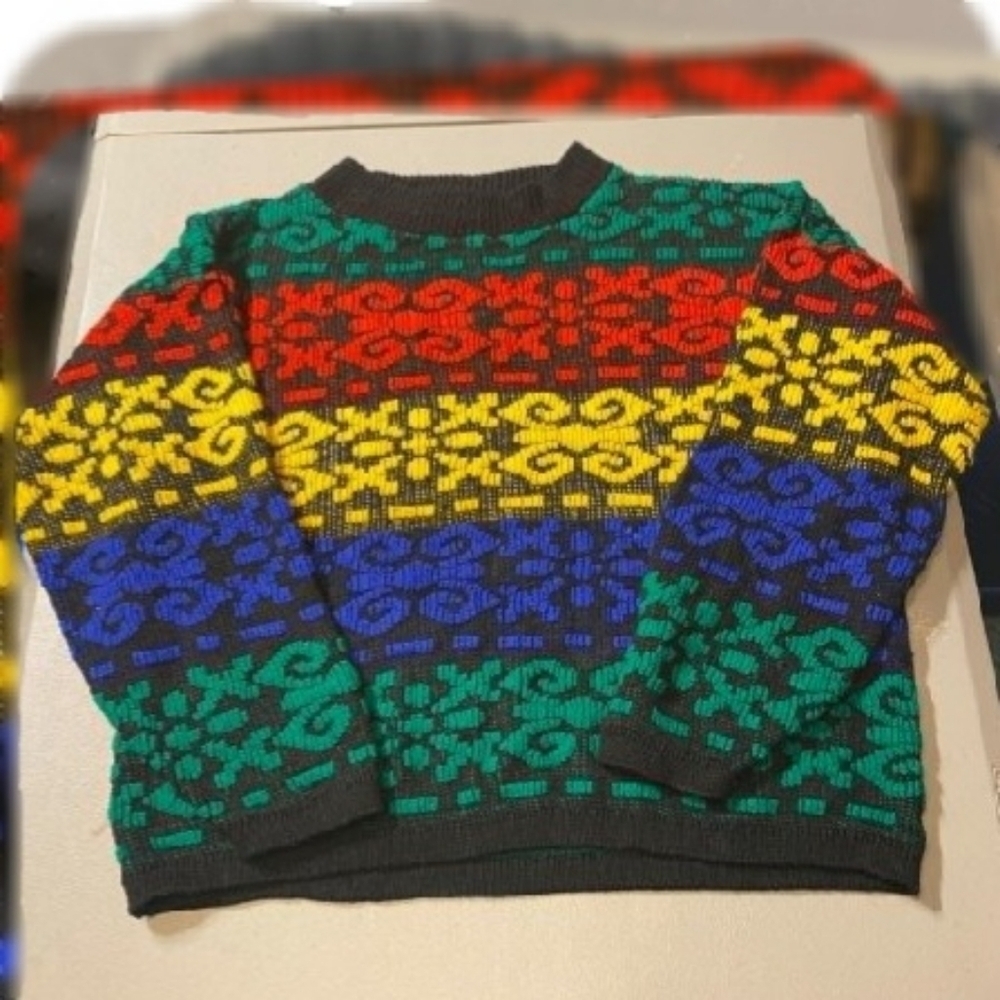 Vintage Justin Allen Black Multicolored Textured Sweater Men's Large L 80's 90's